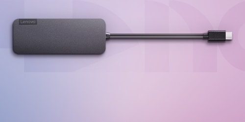 A Lenovo USB-C to 4 Port USB-A Hub is featured on a background.