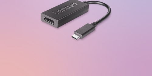 A Lenovo USB-C to DisplayPort Adapter is featured on a background.