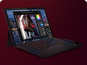 Lenovo ThinkPad E14 Gen 6 laptop, open and angled to showcase its sleek design and vibrant display.