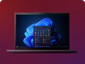Close-up front view of a laptop screen displaying the Windows 11 start menu, with a blue abstract wallpaper in the background, set against a gradient red-purple backdrop.