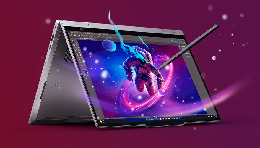Lenovo ThinkPad X1 Yoga Gen 10 Aura Edition in tent mode on a modern desk, highlighting its flexible 2-in-1 design, vibrant display, and premium aluminum finish.