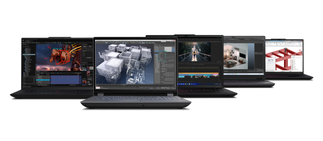 Two Lenovo ThinkPad P Series mobile workstations, opened, either side of two Lenovo ThinkStation tower PCs & a ThinkCentre PC tiny PC.