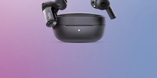 A pair of Black Belkin SOUNDFORM Move True Wireless Earbuds are featured on a reddish-purple background.