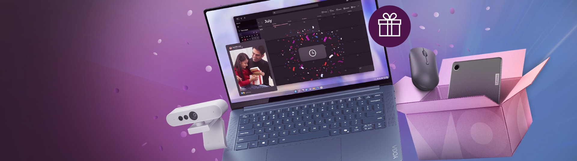 A Yoga laptop, surrounded by a Lenovo webcam, a Lenovo mouse, and a pink box with a Lenovo tablet inside, set against a purple background with floating confeti.