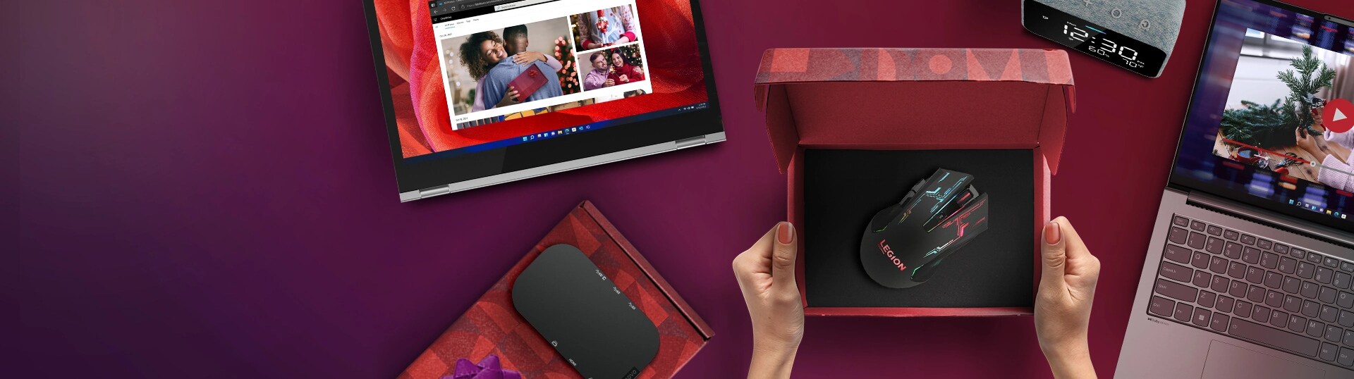 Laptop, speaker in gift box, tablet, gift