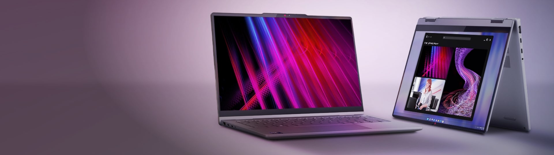 Lenovo IdeaPad 5i 2-in-1 laptop in both its open and tent modes. The laptop features a modern design with a large, vibrant display and a keyboard. 