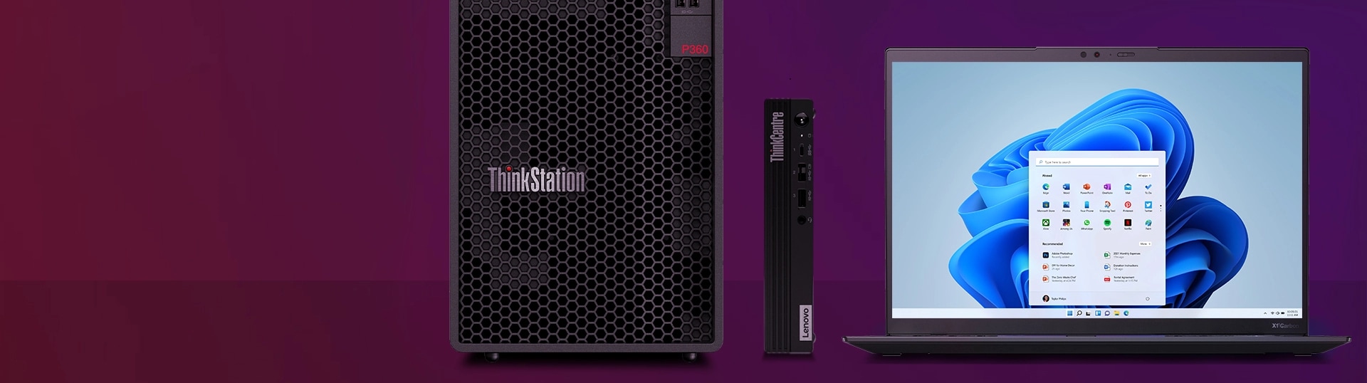 A ThinkStation P360 Tower Workstation, ThinkCentre M90q Gen 3 Tiny Desktop, and X1 Carbon G10 front view one next to the other.