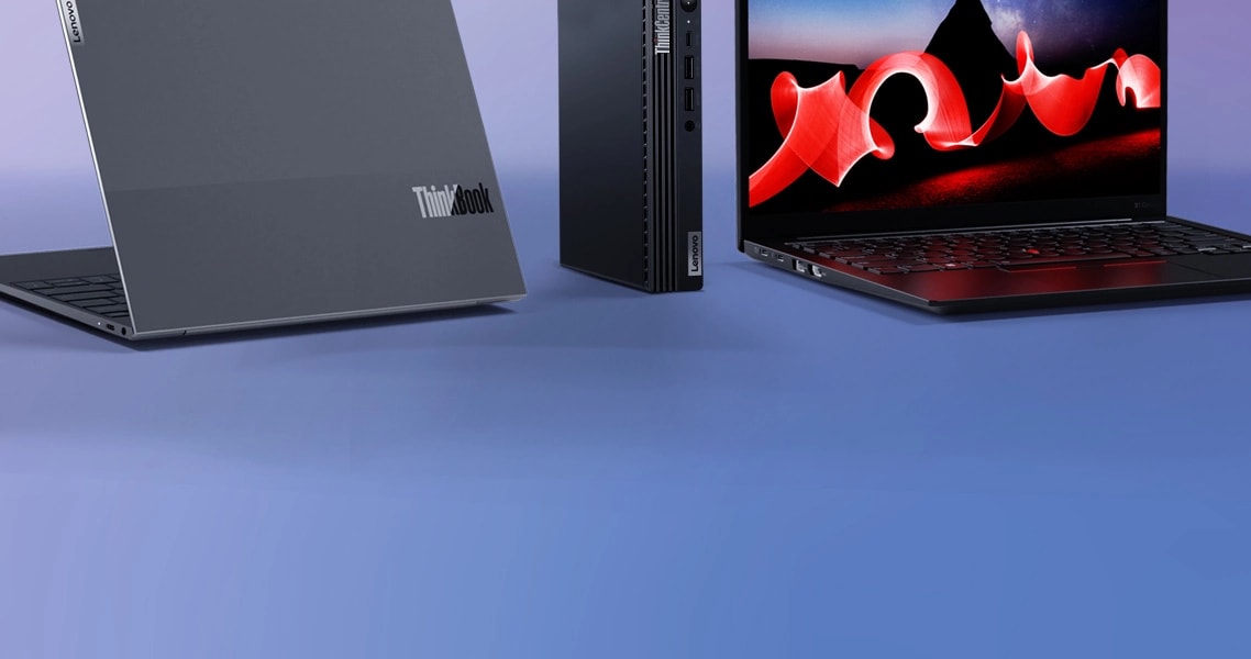 A ThinkPad X1 Headphone, a Lenovo ThinkPad X1 Carbon laptop and a Lenovo Yoga laptop open 180 degrees