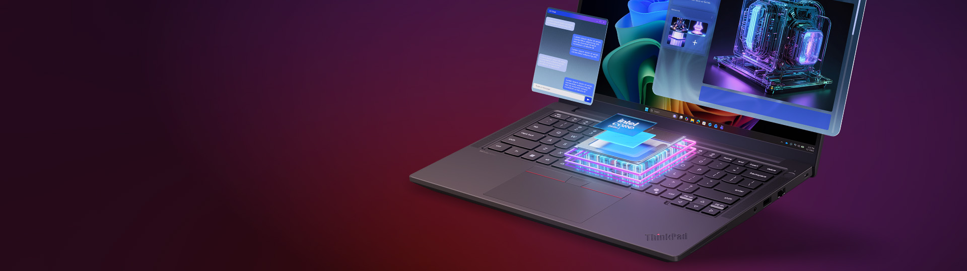 Illustration of a Lenovo ThinkPad laptop displaying AI-powered computing features. A glowing processor graphic hovers above the keyboard, while floating interface panels show a chat conversation and AI-generated visual content. Neon purple, blue, and pink lighting against a magenta gradient background emphasizes advanced artificial intelligence and high-performance processing.