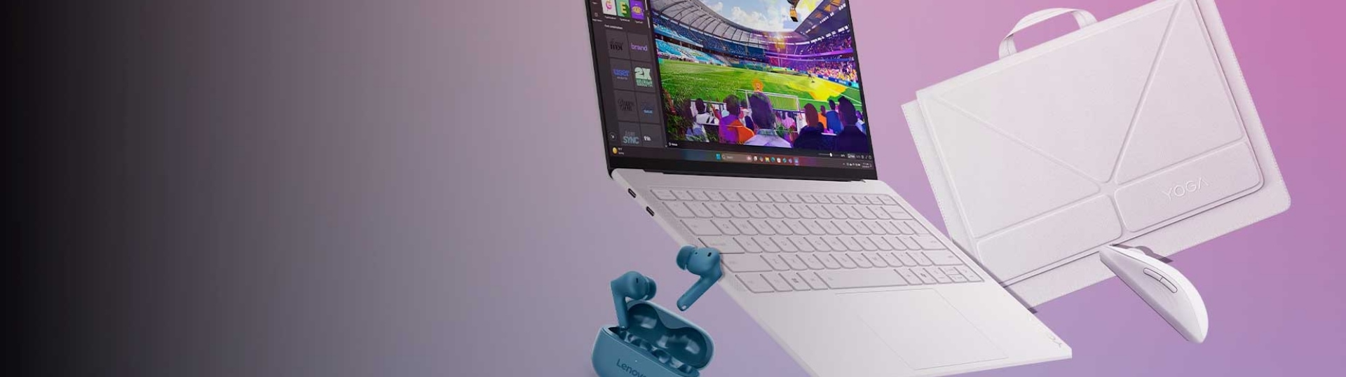 an open yoga laptop showing accessories around
