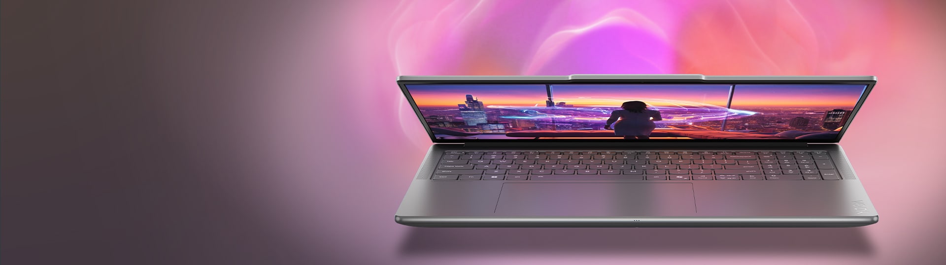 Yoga Pro laptop with a colorful, vibrant display. The laptop is open, revealing its keyboard, and is set against a background with soft pink and purple lighting effects.