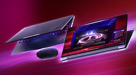 Un portable Lenovo élégant sur un fond néon coloré, ouvert et fermé à angle, avec une souris Lenovo à proximité.