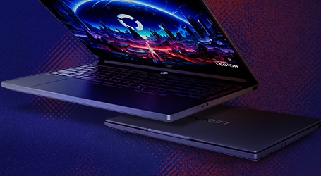 Open Lenovo Legion 5i Gen 11 (15″ Intel) laptop displaying a vibrant sci‑fi cityscape on the screen, positioned above a closed Legion laptop on a dark purple and blue gradient background, highlighting the sleek design and performance-focused build.