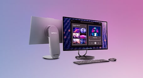 Lenovo Yoga AIO desktops in 27-inch and 32-inch sizes, featuring sleek all-in-one designs with slim bezels and modern stands, displayed side by side.