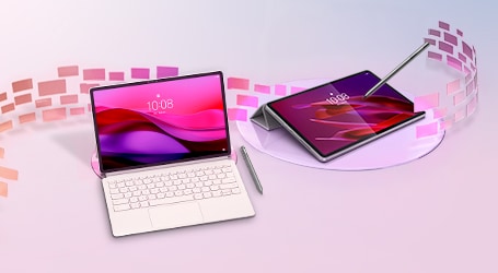 L’image comprend deux tablettes : une en mode portable avec clavier et stylet blancs et l’autre en mode tablette avec stylet.