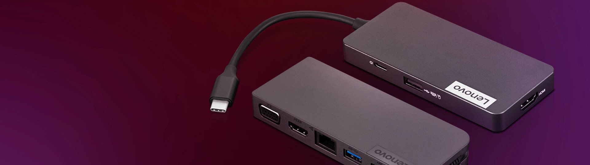A Lenovo USB-C 7-in-1 Hub and a Lenovo Powered USB-C Travel Hub are featured on a background.