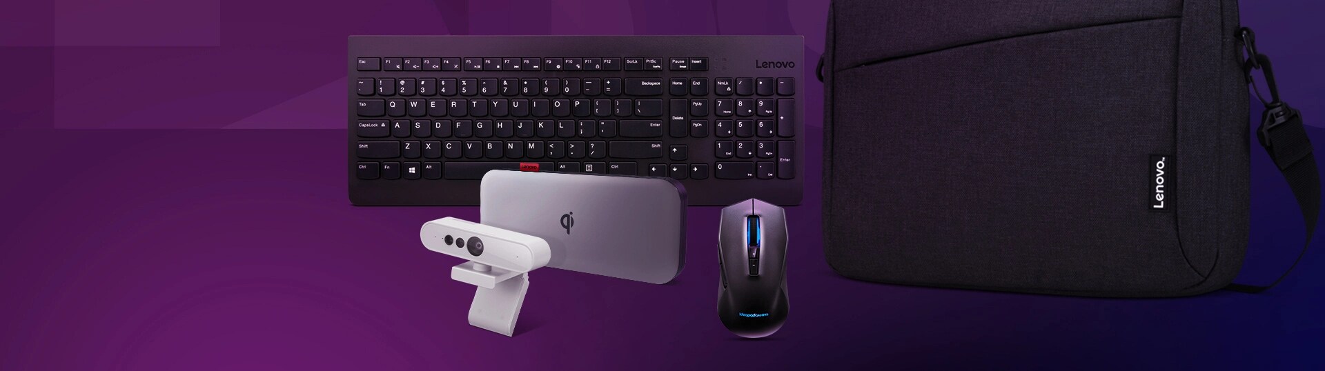 A Lenovo 510 FHD Webcam, a Lenovo T210 12 inch Laptop Topload, a Lenovo 510 Wireless Combo Keyboard, a Lenovo GO Wireless Power Bank 10000 mAh and an Lenovo IdeaPad Gaming M100 RGB Mouse are featured on a background.