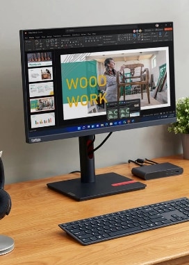 Une collection de produits Lenovo sur un bureau en bois clair, y compris un moniteur ThinkVision, un portable ThinkPad et des accessoires.
