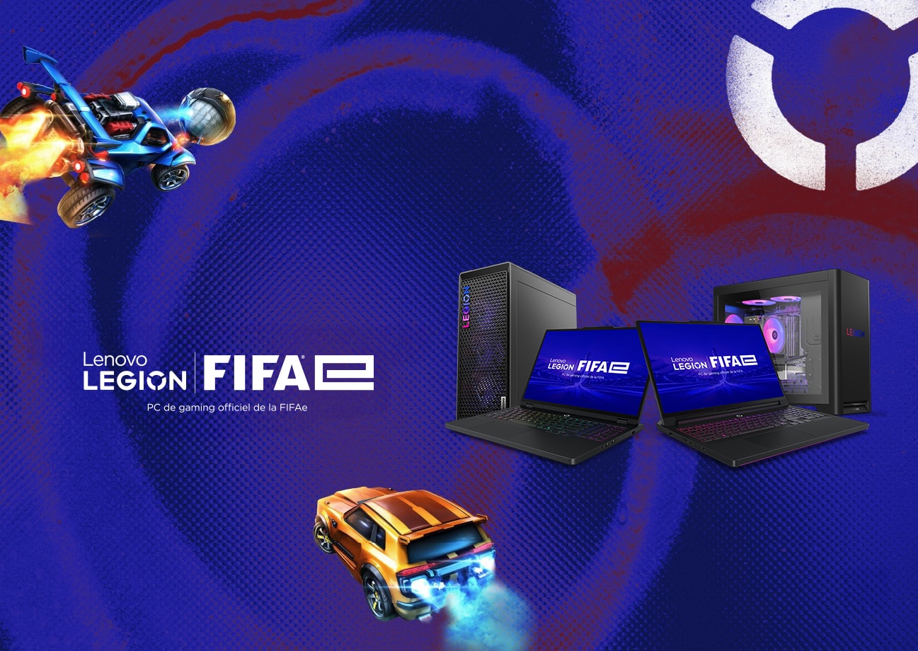 La bannière FIFAe montre deux ordinateurs portables et deux ordinateurs de bureau; le texte «&nbsp;Partenaire officiel des ordinateurs de jeux de la FIFAe&nbsp;» – Lenovo Legion.