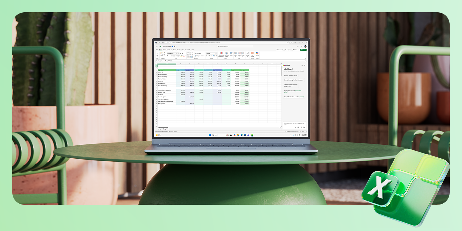 Lenovo laptop on a green outdoor-style table displaying a Microsoft Excel spreadsheet, with green chairs, plants, and wooden panels in the background. Excel icon in the bottom right corner