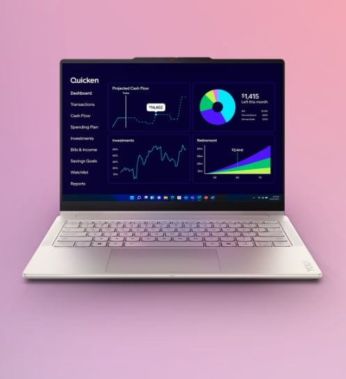 Lenovo laptop displaying financial software Quicken dashboard with charts, graphs, and analytics on a gradient pink background.
