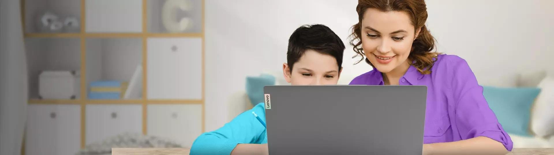 Woman and kid with laptop