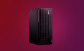 A Lenovo ThinkCentre PC Tower placed on a purple background.
