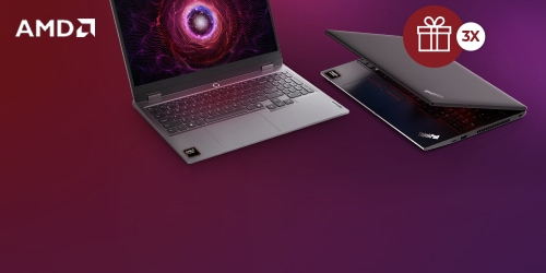 Two Lenovo laptops placed on a purple background. One is open, the other one has the screen half open 