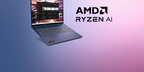 Un portable IdeaPad ouvert, orienté à droite est place sur un fond rose. À côté du PC, il y a un logo AMD Ryzen AI.