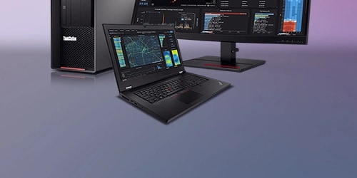 A Lenovo mobile workstation, a ThinkStation desktop workstation and a thinkvision monitor, all placed side by side on a light background.