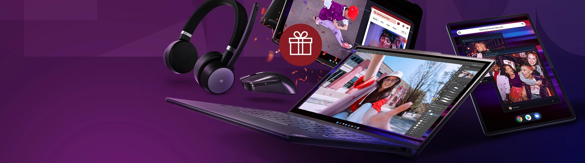  A Lenovo headset, mouse, two laptops and a tablet.