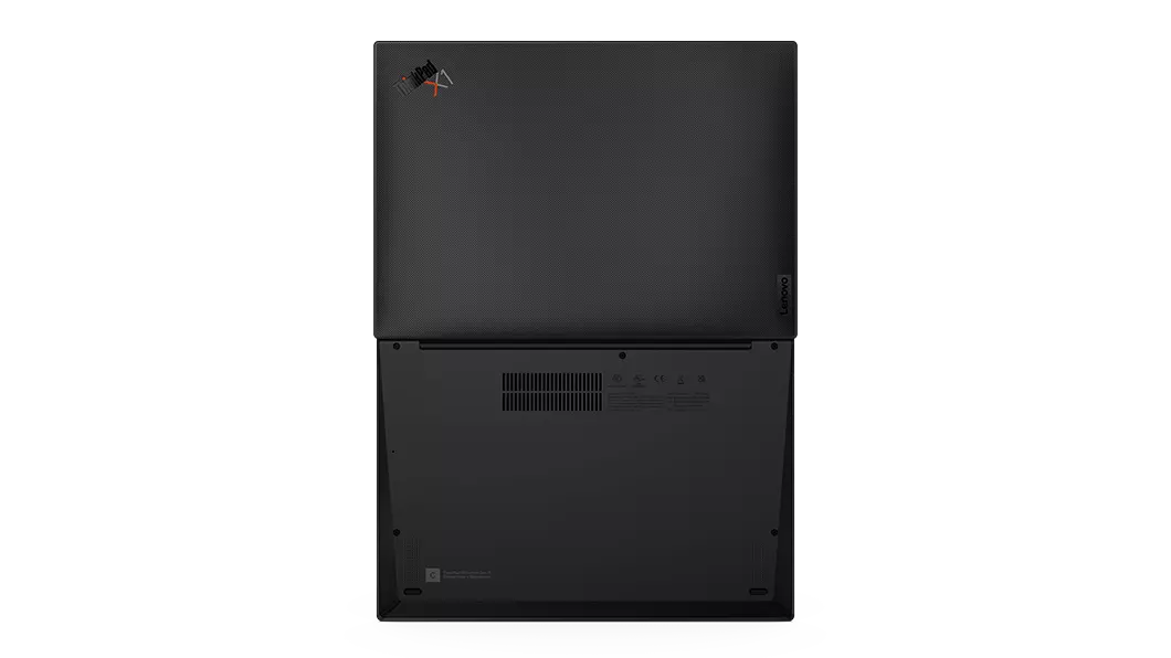 Overhead shot of Lenovo ThinkPad X1 Carbon Gen 11 laptop open 180 degrees, showing bottom & top cover with Carbon-Fiber Weave.