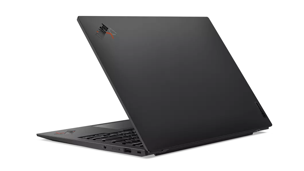 Rear side of Lenovo ThinkPad X1 Carbon Gen 11 laptop open, slightly angled to show Deep Black finish & right-side ports. 