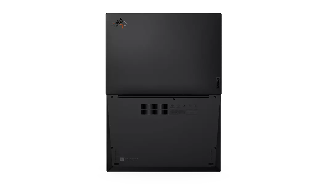 Overhead shot of Lenovo ThinkPad X1 Carbon Gen 11 laptop open 180 degrees, showing bottom & top cover in Deep Black.