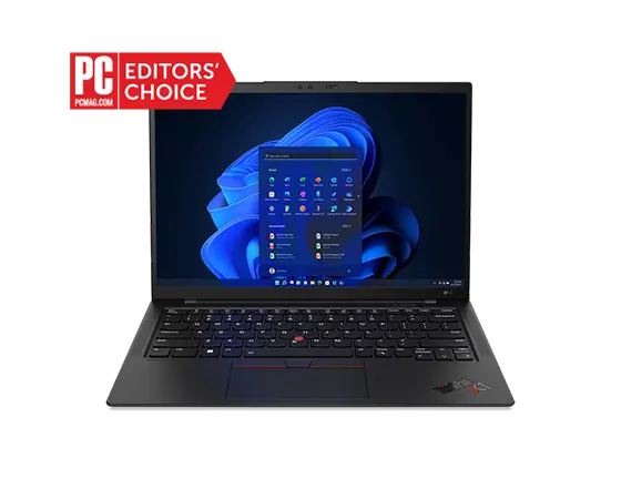Front-facing Lenovo ThinkPad X1 Carbon Gen 11 laptop with the PC MAG EDITORS CHOICE badge.
