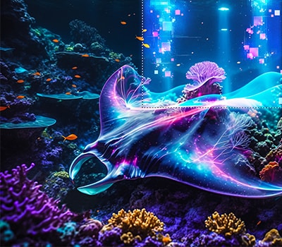 A vibrant, colorful digital display of a manta ray with neon colors & glowing patterns representing the Lenovo YOGA Mini i Gen 11 (Intel) PC.