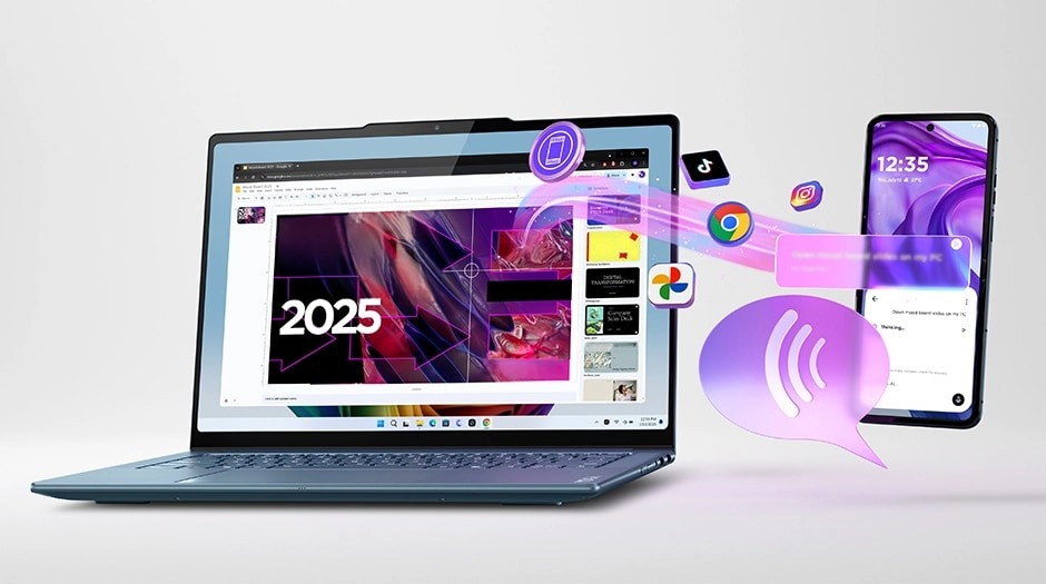 A Moto phone and a Lenovo laptop, sharing apps