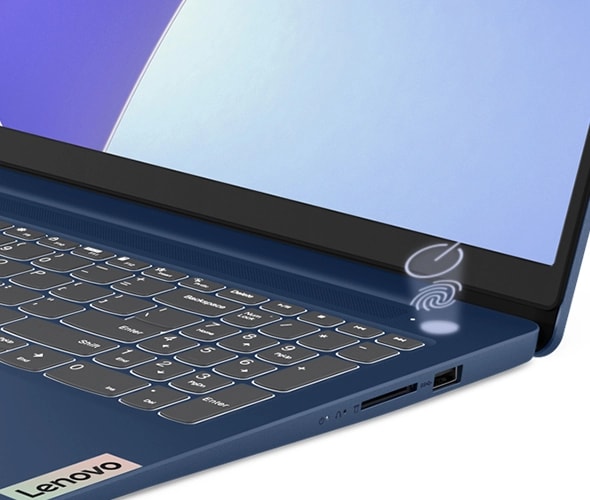 Detail of fingerprint reader integrated with power button on the Lenovo IdeaPad Slim 3i  laptop.