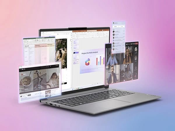 Various software app screens popping out of IdeaPad Slim 5i laptop display