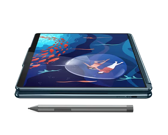 Yoga Book 9i Gen 8 (13″ Intel) featured in tablet mode with pen included
