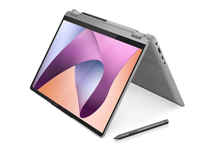 IdeaPad Flex 5 Gen 8 laptop tent mode with display on, facing left with stylus pen included.