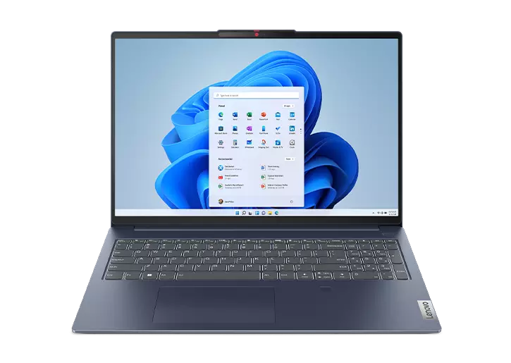 Front-facing IdeaPad Slim 5i Gen 8 laptop, showing keyboard & display with Windows 11 bloom
