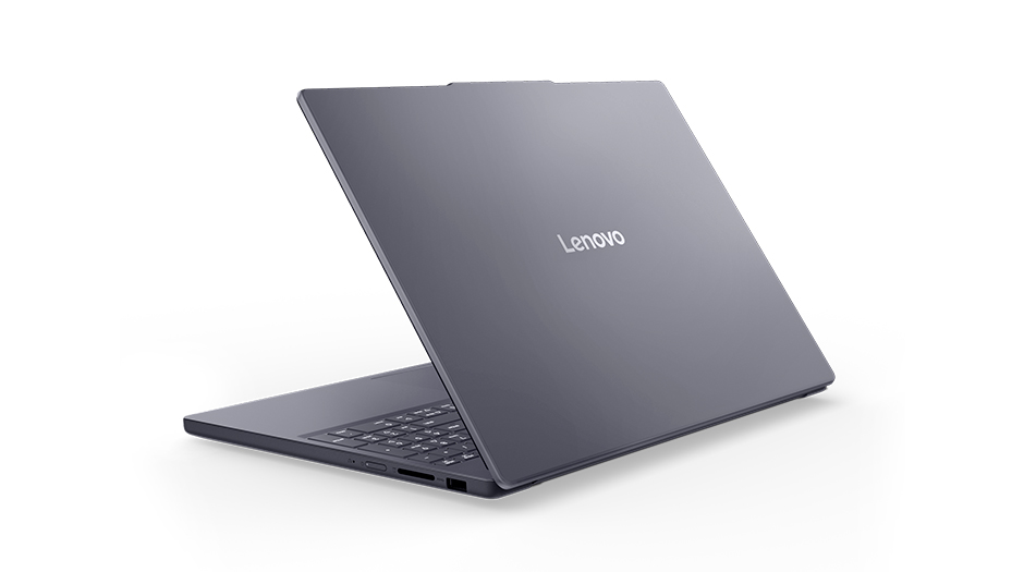 Rear view, showing the logo on the lid, of a partially open Lenovo IdeaPad Slim 3i Gen 11 (15&Prime; Intel) laptop. מחשב נייד IdeaPad Slim 3&nbsp;15IWC11 83RR00E1IV&nbsp;מבית&nbsp;Lenovo