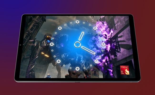 An Eclipse Black Lenovo Legion Tab Gen 5 (8.8" Snapdragon) gaming tablet in portrait orientation, showing a game scene with an analog clock and the Snapdragon 8 Elite Gen 5 superimposed over it.
