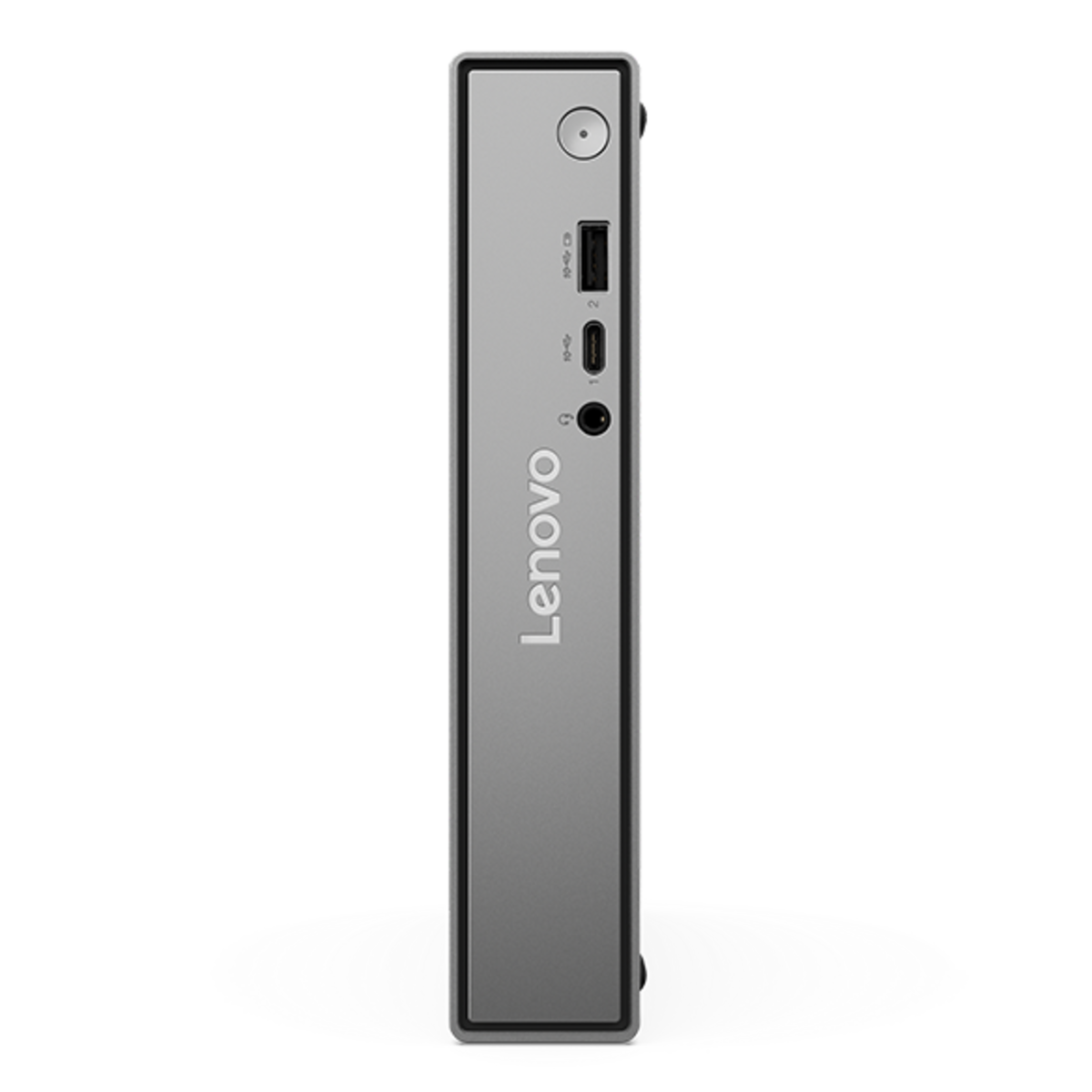 Vertical front view highlighting ports and Lenovo branding on the ThinkCentre Neo 50q Gen 6 (Intel) Tiny PC.