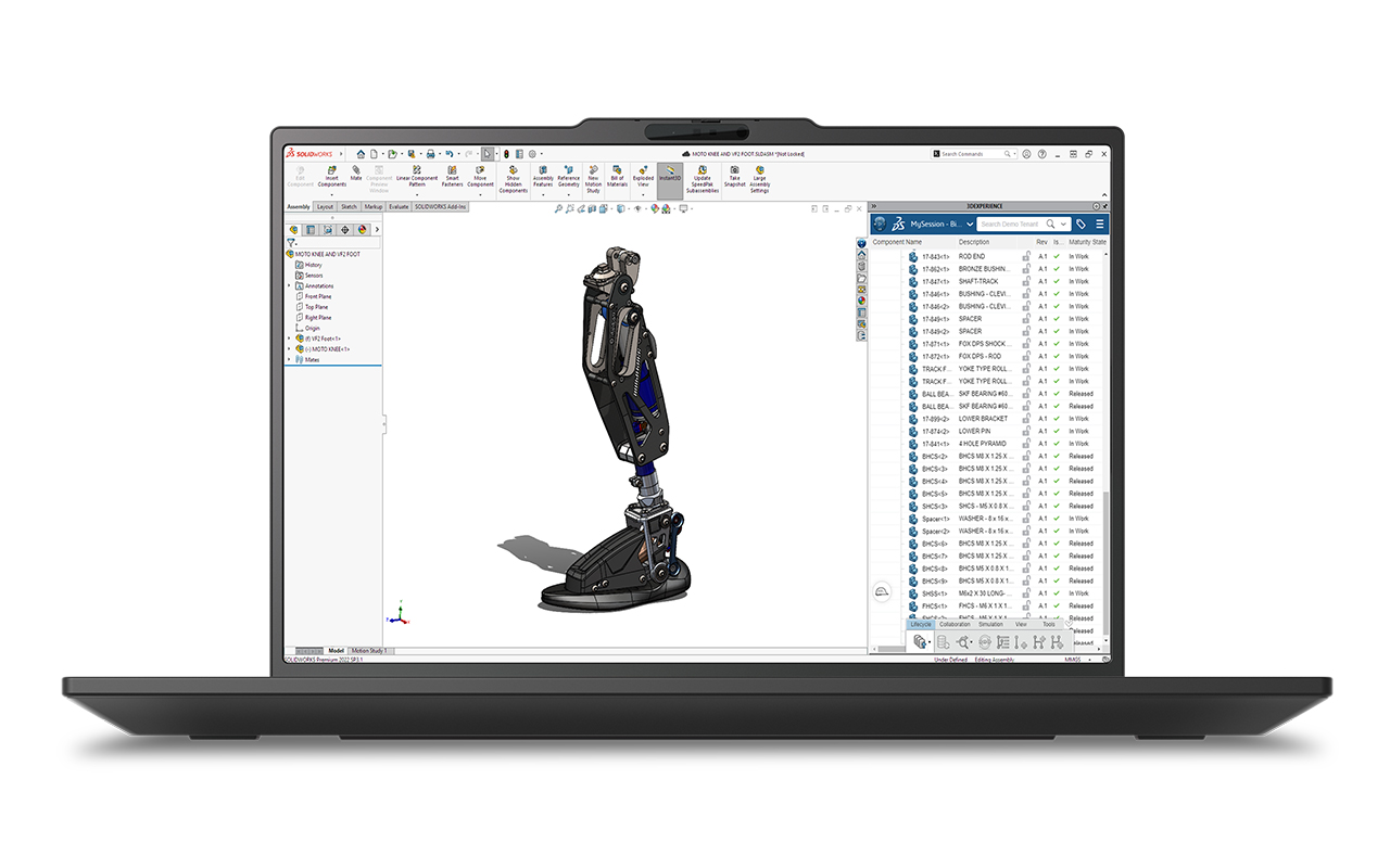 Running SOLIDWORKS with a 3D prosthetic leg model on the Lenovo ThinkPad P16s i Gen 5 (Intel) mobile workstation.