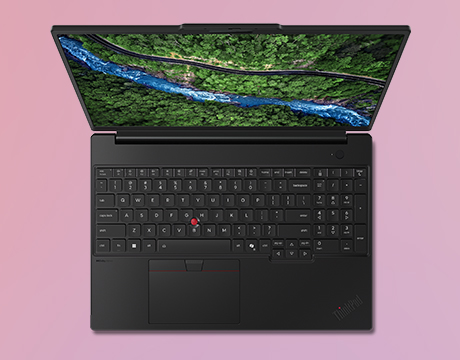 Overhead view of the Lenovo ThinkPad P16s i Gen 5 (Intel) mobile workstation, displaying a scenic river landscape on screen.