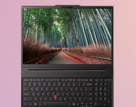 Display of a bamboo forest with red light trails on the screen of the Lenovo ThinkPad P16s i Gen 5 (Intel) mobile workstation.