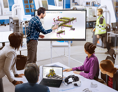 Engineers collaborate on a 3D CAD model using advanced tools and the Lenovo ThinkPad P16s i Gen 5 (Intel) mobile workstation.