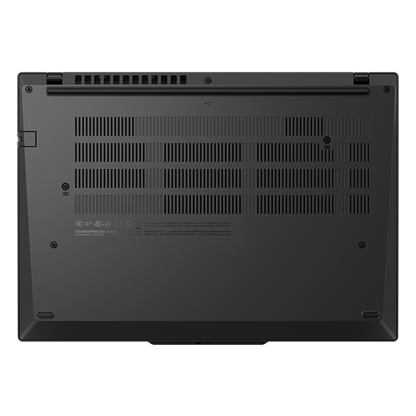 Overhead shot of Lenovo ThinkPad P14s Gen 6 (14” AMD) laptop, focusing its bottom cover with well-placed vents & rubber pads for durability & convenience.